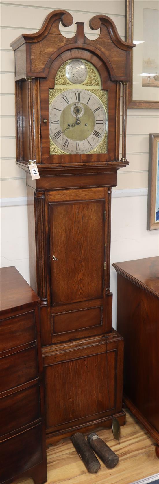 A late 18th century, oak and mahogany eight day longcase clock H.212cm